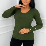 Ženska majica V izrez Zarja – zelena rebrasta majica z gumbi, UNI XS–L